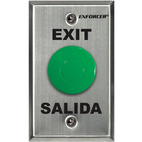 Seco-Larm SD-7201GCPE1Q Enforcer Stainless Steel Push-to-Exit Plate, Single Gang, Green Mushroom Button, EXIT and SALIDA Lettering