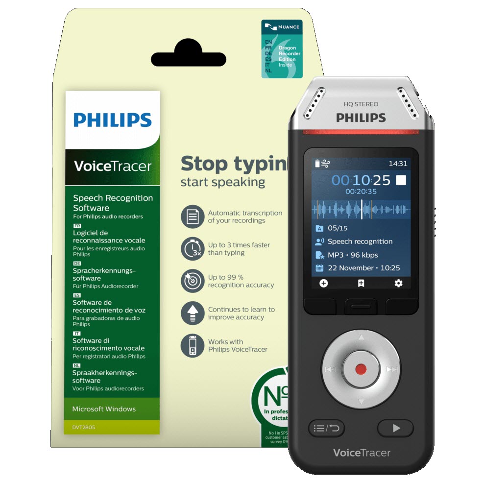 Philips DVT2810/00 VoiceTracer 8 GB Digital Audio Recorder and Dragon Recorder Edition software