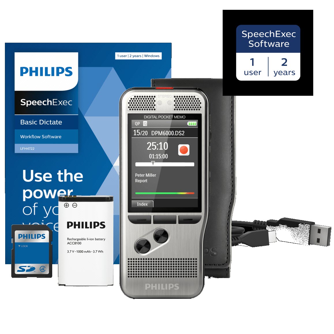 Philips DPM6000/02 Digital Pocket Memo Range Recorder with SpeechExec Dictate Workflow 2 year Subscription Software version 11.5 and Push Button Operation
