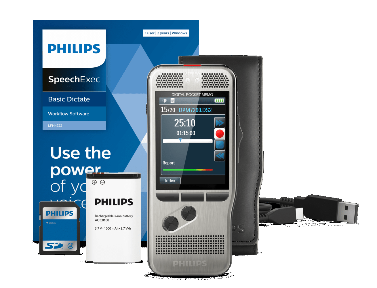 Philips DPM7000/02 Digital Pocket Memo Range Recorder with SpeechExec Dictate Workflow 2 year Subscription Software version 11.5 and Slide Switch Operation
